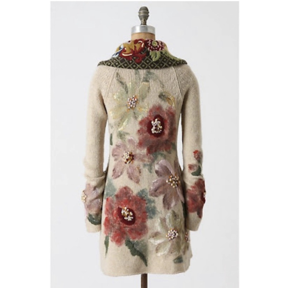Anthopologie Sleeping On Snow Sweater Coat Hand Painted Poppies Size Medium - Picture 3 of 16